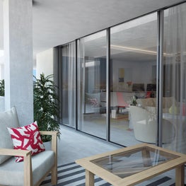 The balcony contains unexpected bursts of color.