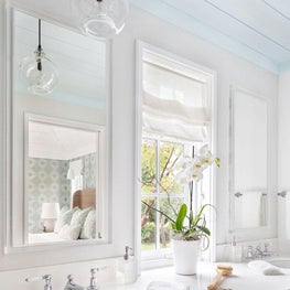 Bathroom, Cisco Home Jug Lamp, Waterworks Easton Faucets, Kohler Sinks, Custom Mirror, Custom Roman Shade