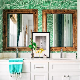 Green Bathroom Wallpaper and Mirrors at Beach House in Anna Maria, Florida