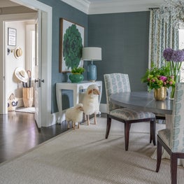 Wallpapered Dining Room with Painted Ceiling, Green Accents and Sheep Stools