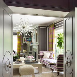 Historic Chestnut Hill Living Room with Starburst Chandelier & Colorful Drapery