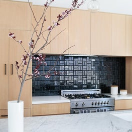 Minimalist Gourmet Kitchen with Oak and Marble