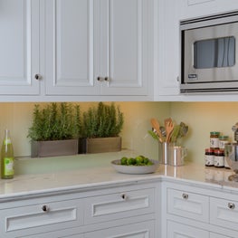 NYC Town House Kitchen, white kitchen, green glass backsplash 