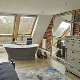 Bedroom, Muswell Hill, London, with freestanding bath