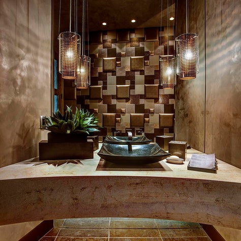 Specifying a contemporary sink and ceiling mount fixtures add a modern touch