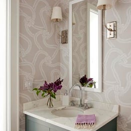 Powder Room Vanity with Wallpaper and Sconces with Shades