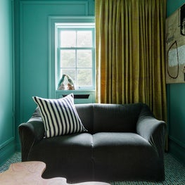 Lake Forest Showhouse 2020 : Marble Mosaic Floor, Mario Bellini Lovdseat, Stripe Pillow, Dedar Silk Drapery, Abstract Art, Green Walls