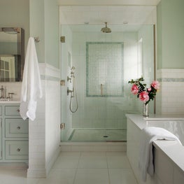 Contemporary farmhouse bathroom with tile shower, pistachio palette