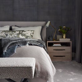 Carnegie Hill Apartment, Master Bedroom with Gray Palette, Wallpaper and Bedding