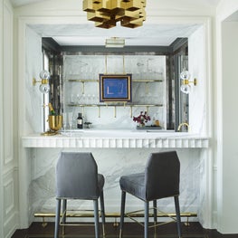 Bar with Mirrored Fluting, Custom Barstools, Vintage Lighting