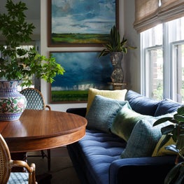 Detail Eclectic Sitting Area with Art Velvet Pillows Nadia Watts Gem Collection