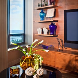 Lake Shore Drive Living Room. Walnut accent wall with floating media cabinets and primal/glass accessories.