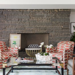 Mid Century living room with flagstone fireplace 