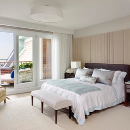 Hamptons / Sag Harbor Penthouse, Bedroom w/ headboard wall of upholstered panels