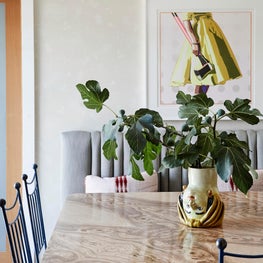 Burl Wood Dining Table with Wallpaper and Vintage French 1950s Chairs