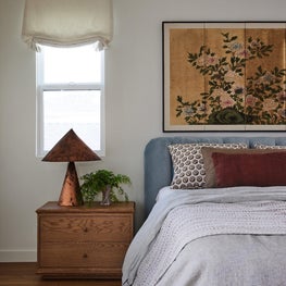 Blue Bed with Walnut nightstands
