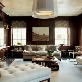 NYC Show House Living Room, dark wood paneled walls, ceiling wallpaper