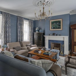 Beacon Hill Family Room with Grasscloth Walls and Swedish Chandelier