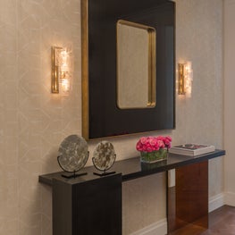 NYC Apartment Foyer, Crystal and Bronze Sconces, Patterned Wallpaper 