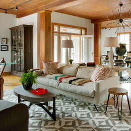 Open Plan Barn Living Room and Dining Room with Wooden Ceiling Beams