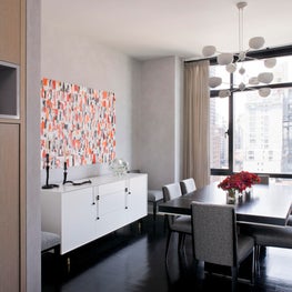 Grey and white modern NYC apartment dining room with city views