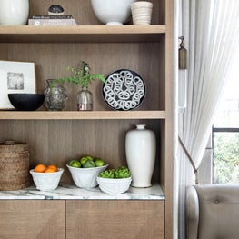 Portfolio: Closeup of the custom shelving in a modern kitchen.