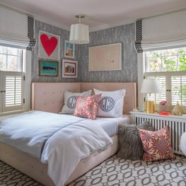 Girl's Bedroom with Pink Cornered Headboard, Wall Art and Monogramed Pillows