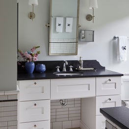 Lake Geneva Bathroom. Black & white vintage style guest bathroom. Honed black counter with deco backsplash.