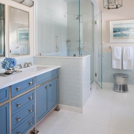 Blue and White Modern Master Bathroom with Glass Tile