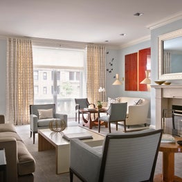 NYC Apartment living room with soft blues and grays, butterfly art installation 