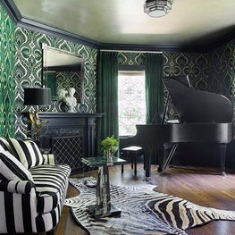 Historic Chestnut Hill Music Room with Zebra Hide Rug and Grand Piano