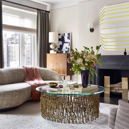 Carnegie Hill Apartment, Modern Living Room with Blue Stone Fireplace, Neutral