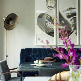 Dining area, Crouch End, London, with blue velvet banquette
