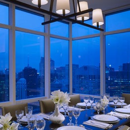NYC City Dining room, Floor to ceiling windows, chandelier, city view