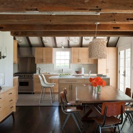 Hamptons Barn House Kitchen/Dining Room, wood beam ceilings, cerused oak cabinet