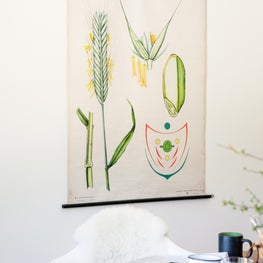 Dining Room Detail: Vintage Poster, Rustic Farm Table, Bright White + Sheepskin.