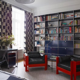 Central Park Apartment, Mid-century Modern Bedroom with Metallic Open Shelving