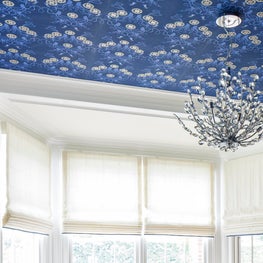 Hand silk screened wallpaper on dining room ceiling-design by Sophia Shibles