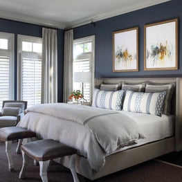 Buckhead Residence Guest Bedroom with navy walls and custom bedding