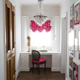 Girls vanity area inspired by Parisian fashion- reclaimed doors & bright fabrics