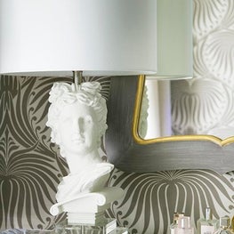 Historic Chestnut Hill Master Bedroom Vignette with Bust Lamp and Wallpaper