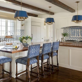 Contemporary farmhouse kitchen, wooden beam ceiling, painted island, blue accent