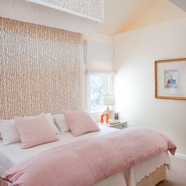 Lake Michigan Bedroom. Coastal bedroom with embroidered coral bed canopy & ship's ladder to loft area.