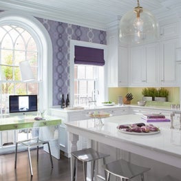NYC Town House Kitchen, white kitchen with purple pattern wallpaper