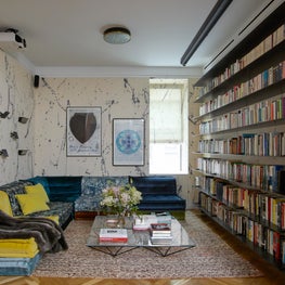 Portfolio: Central Park Apartment, Modern Library Media Room with Open Shelving