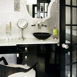Transitional Quogue master bathroom vanity, black and white