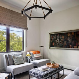 Cream Walls, Living Room, Hermes Blanket, Stark Carpet, Circa Lighting, Grey Chairs, Ottoman - Glencoe Contemporary Project
