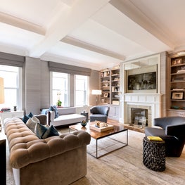 Upper West Side, Living Room w/ antique mirror over fireplace & custom millwork