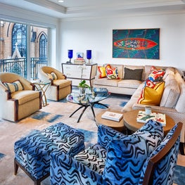 Contemporary wall art engages with the room's various elements.