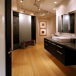 This modern bathroom has an organic feel with both recessed and track lighting. 